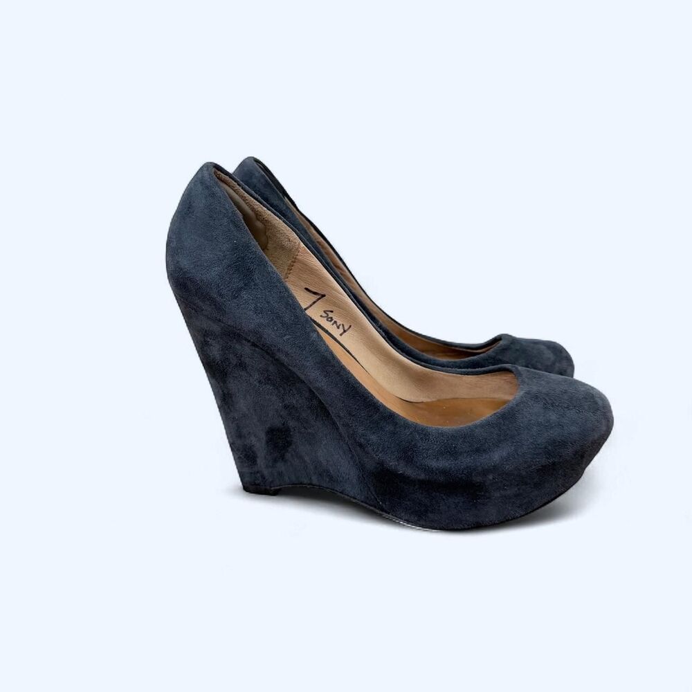 Charcoal Gray Suede Round Toe Platform Wedge Heels Slip On Pumps Indie Sleaze